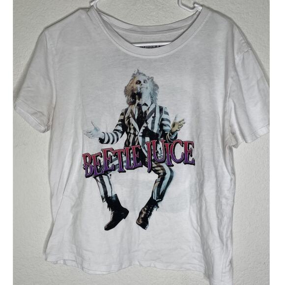 Beetlejuice Tops - Beetlejuice T Shirt Women's LARGE, Tim Burton White 1980s Movie P1